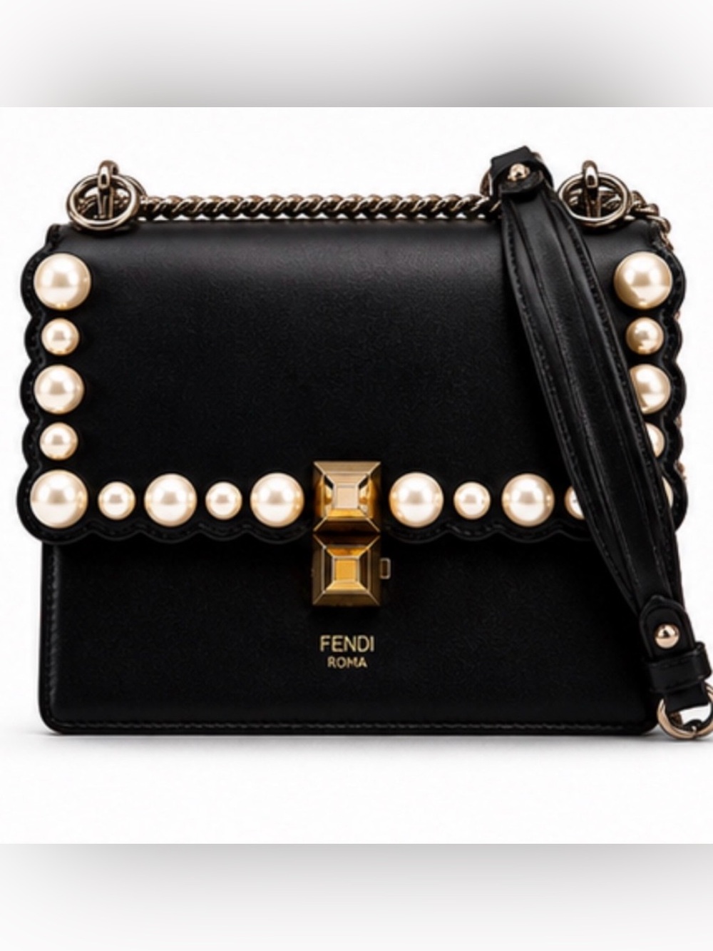 Fendi ROMA Scalloped Pearl Leather Shoulder / Crossbody Bag - Black / Gold RARE